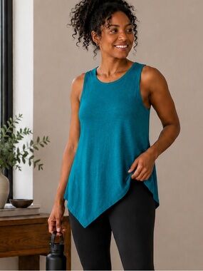 Left of Center Asymmetrical Tank Top Size Large Teal 100% Cotton